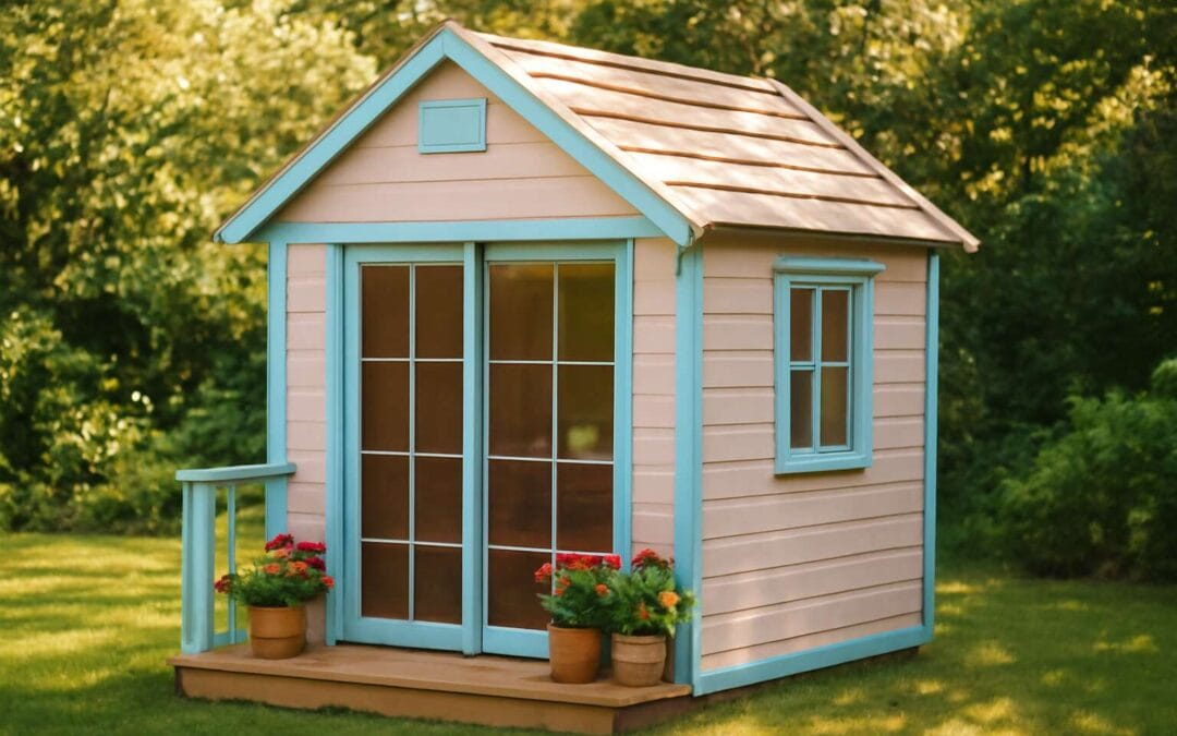 Charming backyard retreat: wendy house with sliding door for cozy, imaginative play.